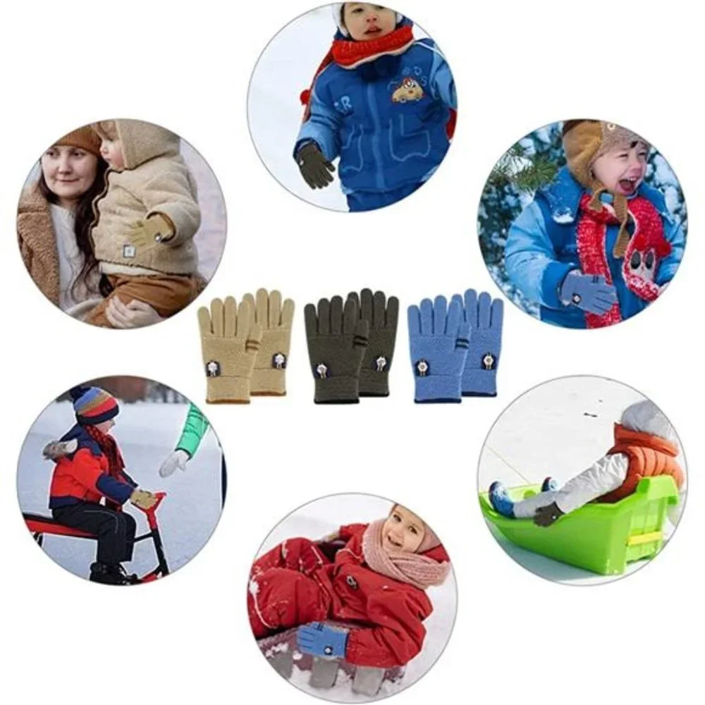 Kids Winter Gloves for Boys, 3 Pairs Children Thermal Knitted Mittens